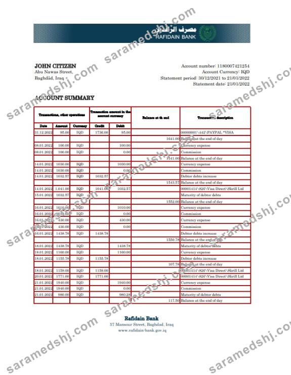 Iraq Rafidain Bank statement Excel and PDF template